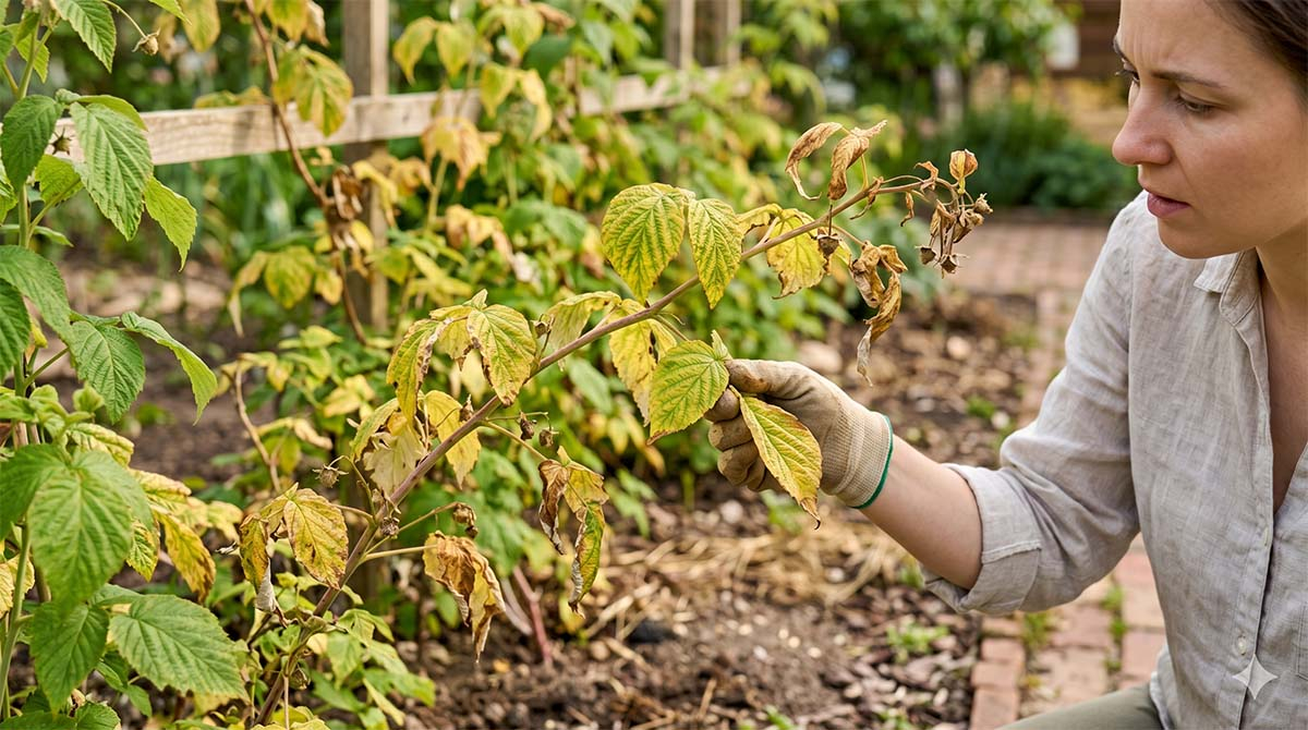 Ogrodniczka w rękawicy sprawdza żółte, usychające liście i pędy malin w ogrodzie