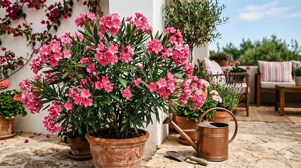 Jak doprowadzić oleander do kwitnienia latem Obficie kwitnący różowy oleander w glinianej donicy na słonecznym tarasie, obok miedziana konewka do podlewania.