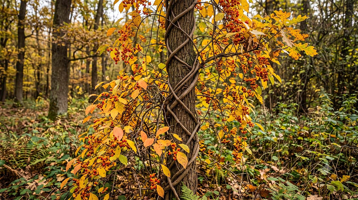 Inwazyjny dławisz okrągłolistny dławiący pnie drzew Grube, zdrewniałe pędy dławisza okrągłolistnego (Celastrus orbiculatus) mocno owinięte wokół pnia młodego drzewa w polskim lesie, widoczne gęste żółte liście i pomarańczowe owoce pnącza.