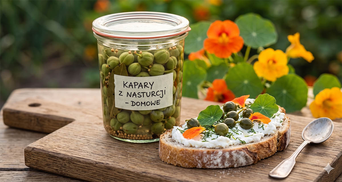 Domowe kapary z nasturcji w słoiku - gotowy przepis. Słoik domowych kaparów z nasturcji ze spersonalizowaną etykietą, stojący na drewnianej desce obok kanapki z twarogiem i świeżymi ziołami.