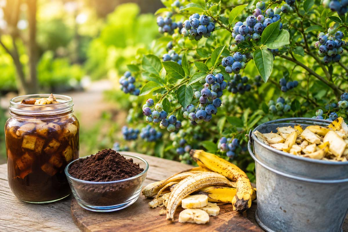 Domowy nawóz do borówki amerykańskiej z fusów kawy i skórek banana przy krzewie pełnym owoców