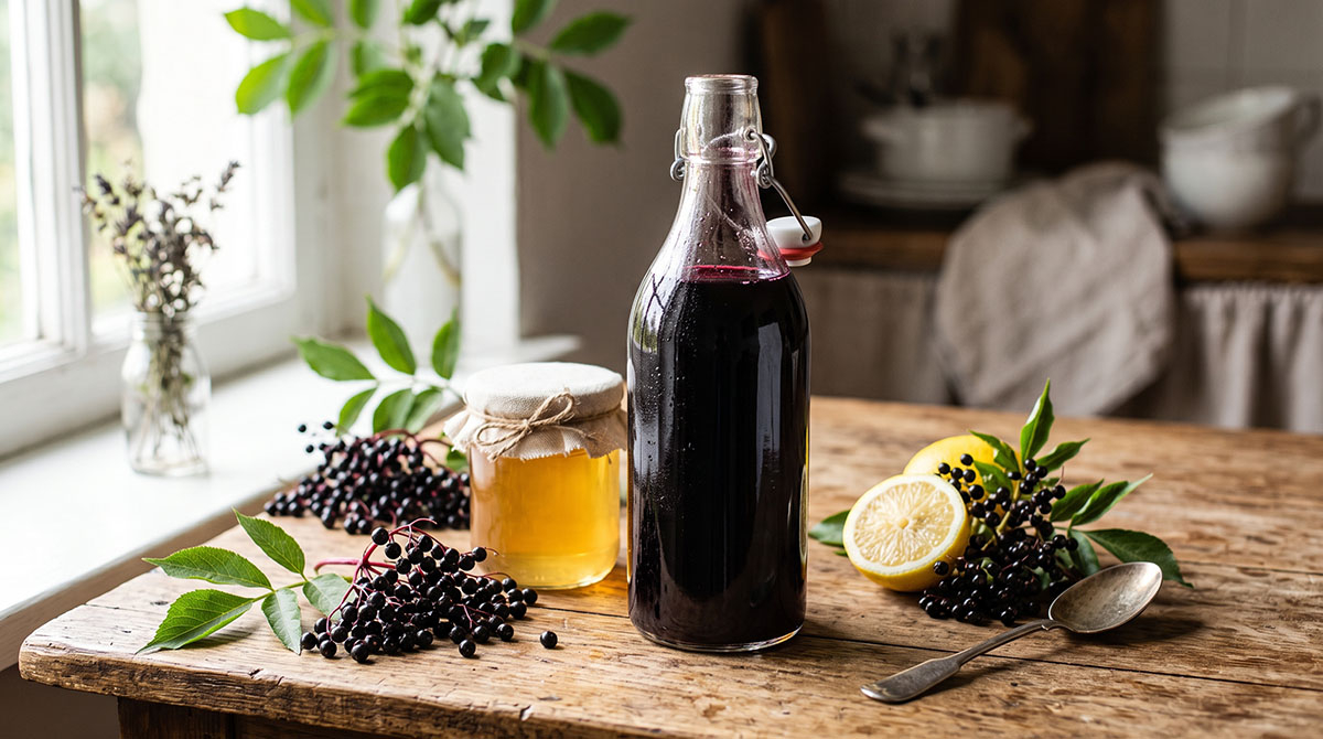 Domowy sok i syrop z czarnego bzu w szklanych butelkach na drewnianym stole Butelka rubinowego soku z owoców czarnego bzu i słoiczek syropu w otoczeniu świeżych jagód na rustykalnym stole