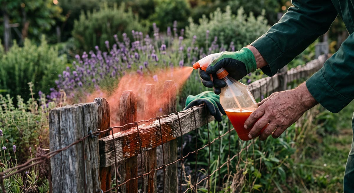 Ogrodnik nanosi domowy spray odstraszający na bazie octu i chilli na drewniane słupki ogrodzenia