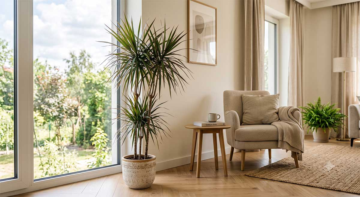 Dracena – zdrowa roślina doniczkowa w salonie Dracena obrzeżona w jasnym wnętrzu – poradnik pielęgnacji krok po kroku