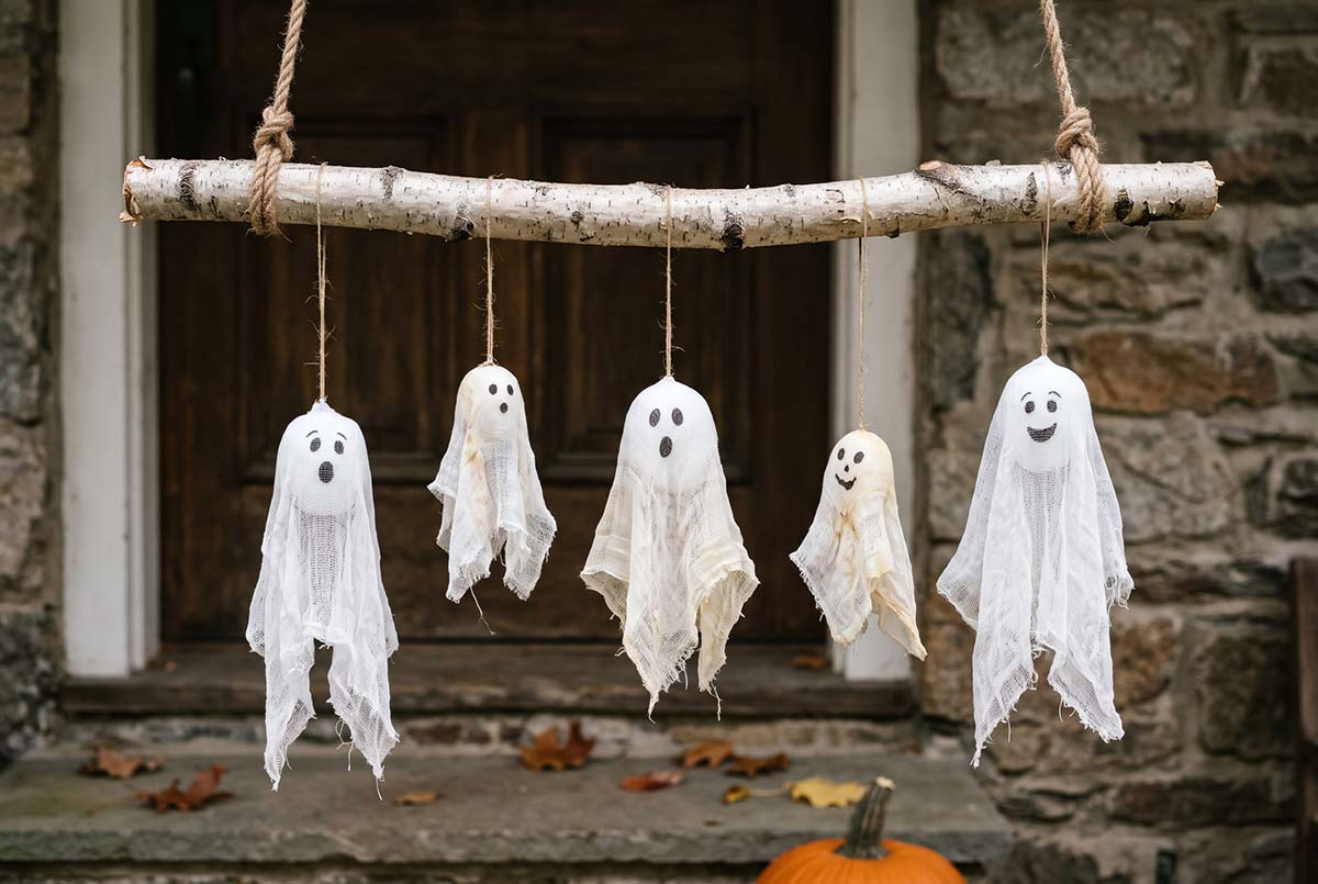 Duchy z gazy na gałęzi - halloweenowa dekoracja nad drzwiami Białe duchy z usztywnionej gazy o różnej długości wiszące na brzozowej gałęzi przed drzwiami wejściowymi