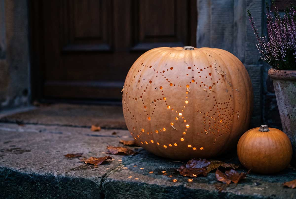 Dynia wiercona wiertarką na Halloween - koronkowy wzór ze światłem LED Dynia z wywierconymi otworami tworzącymi koronkowy wzór, podświetlona od środka światłem LED, na schodach przed drzwiami