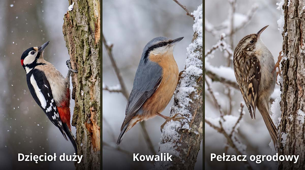 Trzy ptaki wspinające się po pniach drzew zimą: dzięcioł duży na chropowatej korze, kowalik schodzący po zaśnieżonym pniu oraz maleńki pełzacz ogrodowy.