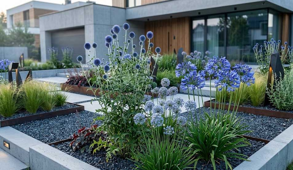 Architektoniczne rośliny Cosmic Future &ndash; echinops, agapant i allium caeruleum na nowoczesnej rabacie