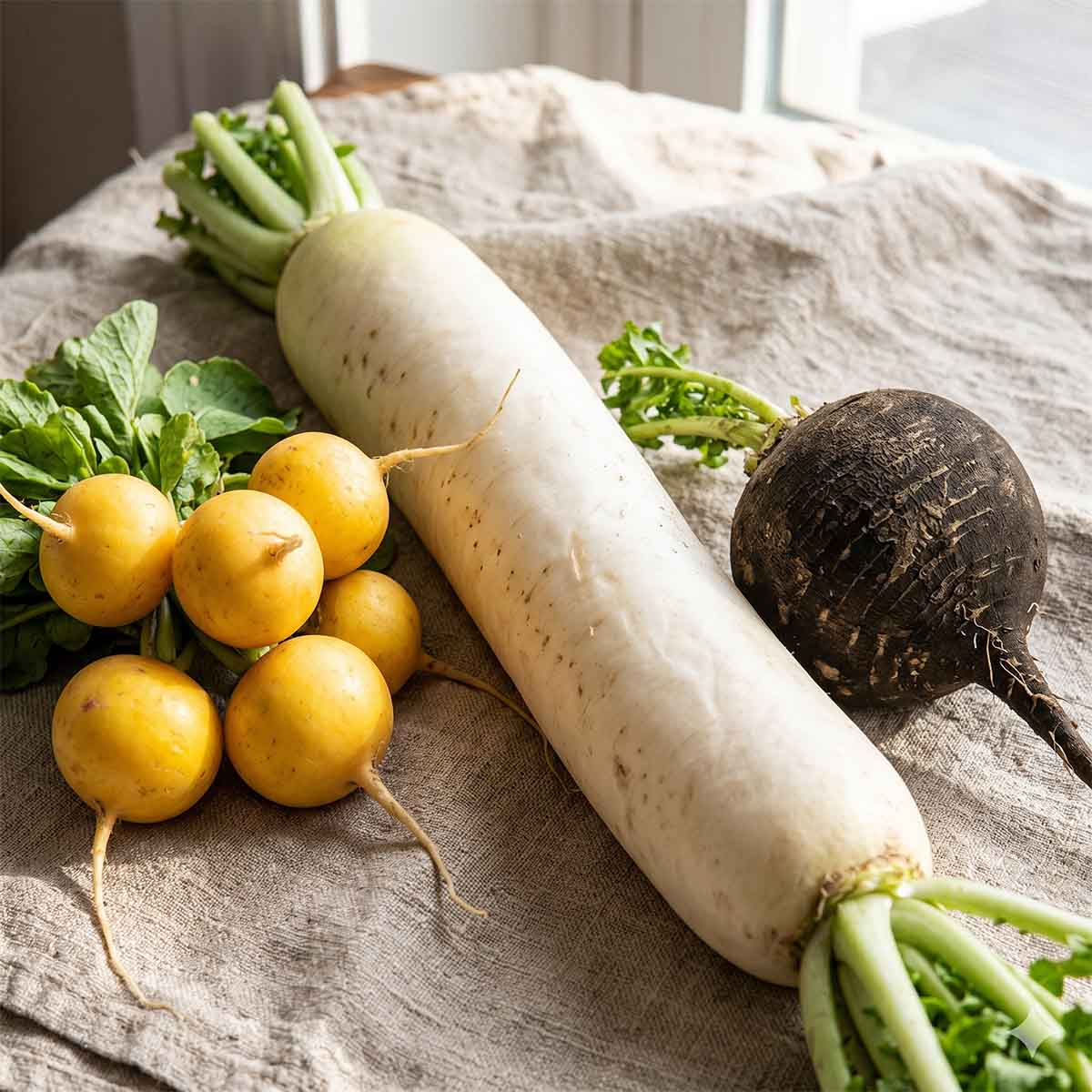 Duży korzeń białej rzodkwi japońskiej Daikon obok żółtej rzodkiewki odmiany Zlata i ciemnej, chropowatej rzodkwi czarnej, ułożone kompozycyjnie na lnianym obrusie.