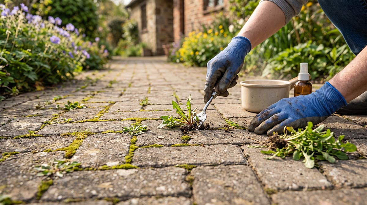 Ekologiczne sposoby na chwasty w kostce krok po kroku Osoba w rękawicach usuwa chwasty z kostki brukowej przy użyciu domowych narzędzi