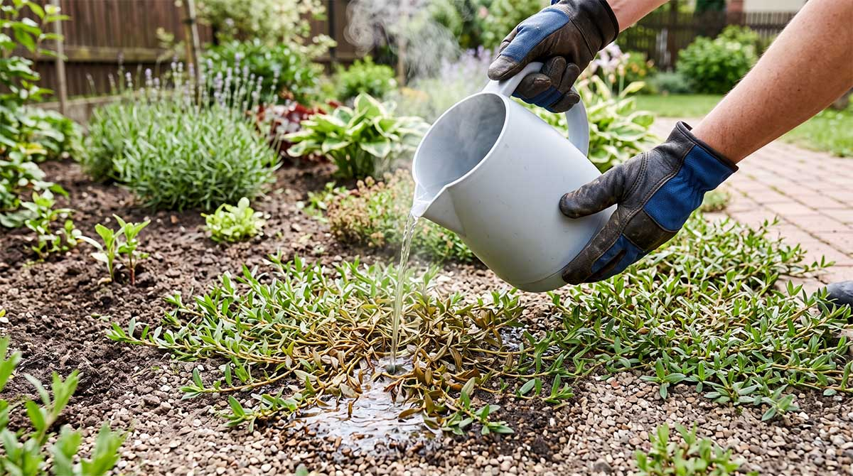 Naturalny zabieg ekologicznego wypalania rdestu ptasiego gorącym roztworem.