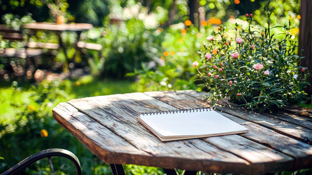 Tabela planowania płodozmianu leżąca na drewnianym stole w ogrodzie.