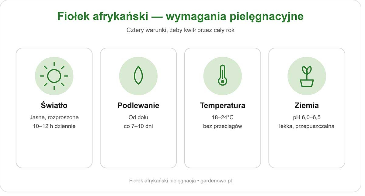 Infografika z wymaganiami pielęgnacyjnymi fiołka afrykańskiego