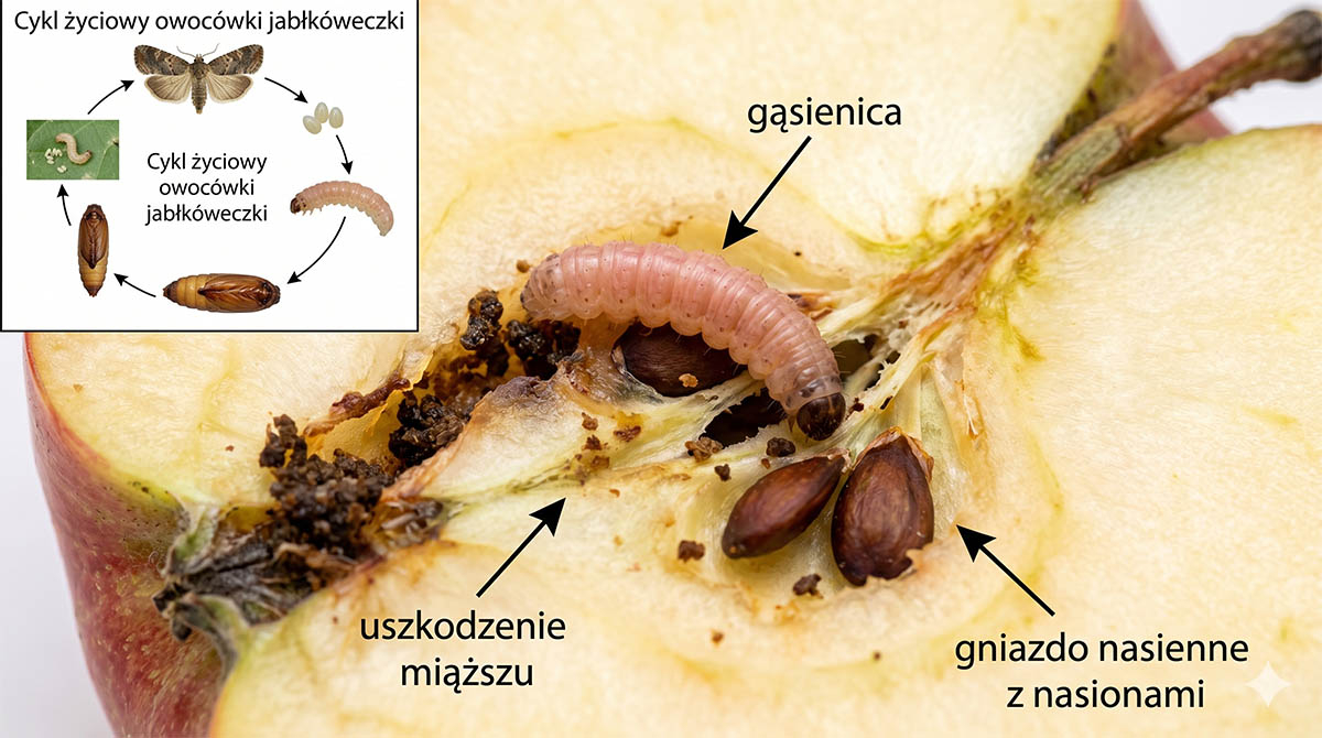 Zdjęcie makro przekrojonego jabłka z widoczną w środku różowawą gąsienicą owocówki jabłkóweczki. Gąsienica znajduje się obok gniazda nasiennego i ciemnych nasion. Widoczne są uszkodzenia miąższu i brunatne odchody. W lewym górnym rogu umieszczono infografikę przedstawiającą pełny cykl życiowy owada: od motyla, przez jaja, gąsienicę, aż po poczwarkę.