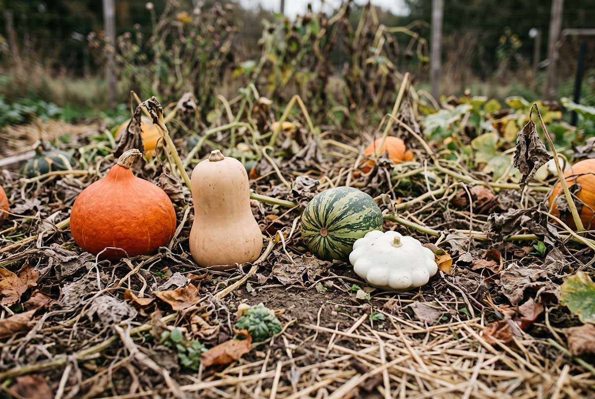 Dynie różnych gatunków, które mogą się krzyżować Różne gatunki dyń leżące razem w ogrodzie: hokkaido, butternut, patison i dynia ozdobna