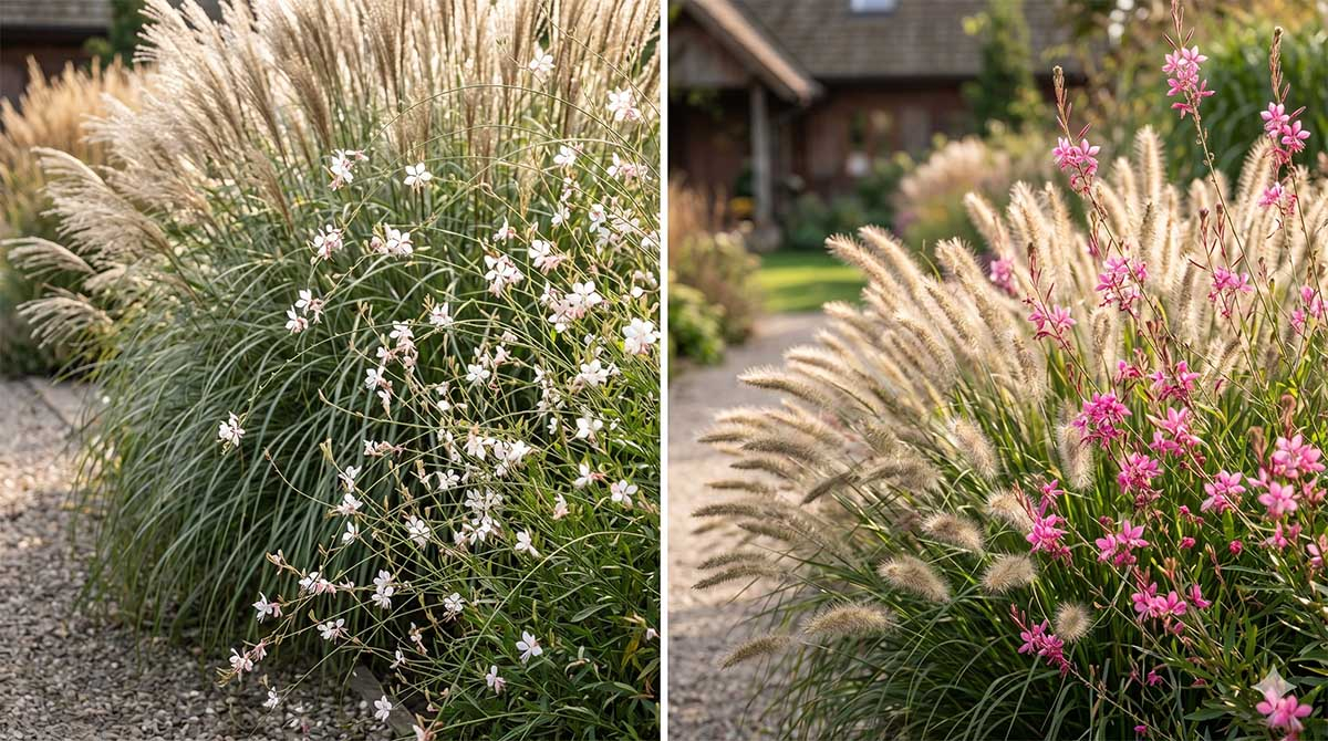 Gaura w kompozycjach z miskantem i rozplenicą Zestawienie dwóch kompozycji z gaurą i trawami ozdobnymi: po lewej gaura biała w duecie z miskantem chińskim Morning Light, po prawej gaura różowa z rozplenicą japońską.
