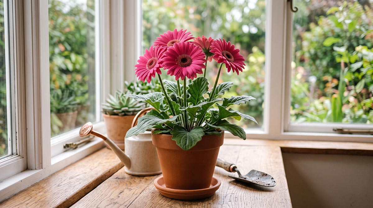 Sekret długiego kwitnienia gerbery w doniczce. Kwitnąca różowa gerbera doniczkowa stojąca na jasnym oknie, gotowa do pielęgnacji.