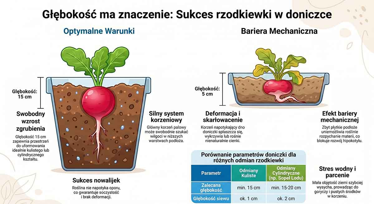 Znaczenie głębokości doniczki dla kształtu rzodkiewki Schematyczny przekrój przez doniczkę pokazujący prawidłowo rozwiniętą rzodkiewkę w głębokiej ziemi (15 cm) oraz skarłowaciałą, płaską rzodkiewkę napotykającą dno w płytkiej doniczce (5 cm).