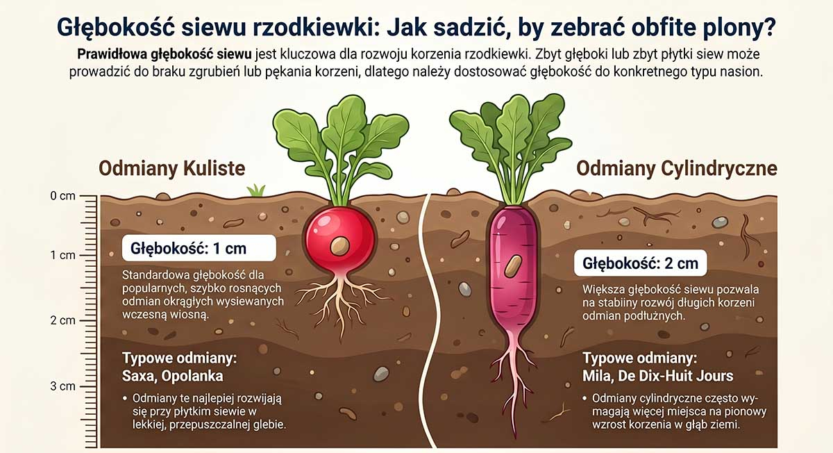 Przekrój przez ziemię pokazujący nasiono rzodkiewki okrągłej na głębokości 1 cm oraz nasiono rzodkiewki podłużnej posadzone na głębokości 2 cm.