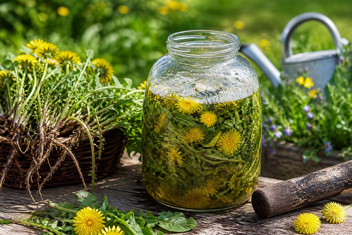 gnojówka z mniszka lekarskiego w słoiku przygotowanie naturalnego nawozu w maju