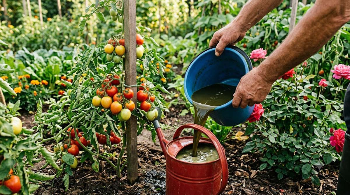 Gnojówka ze skrzypu - naturalny oprysk i nawóz do pomidorów oraz róż Mężczyzna wylewający z niebieskiego wiadra ciemnozieloną gnojówkę ze skrzypu do czerwonej konewki w ogrodzie obok krzewu pomidorów i róż