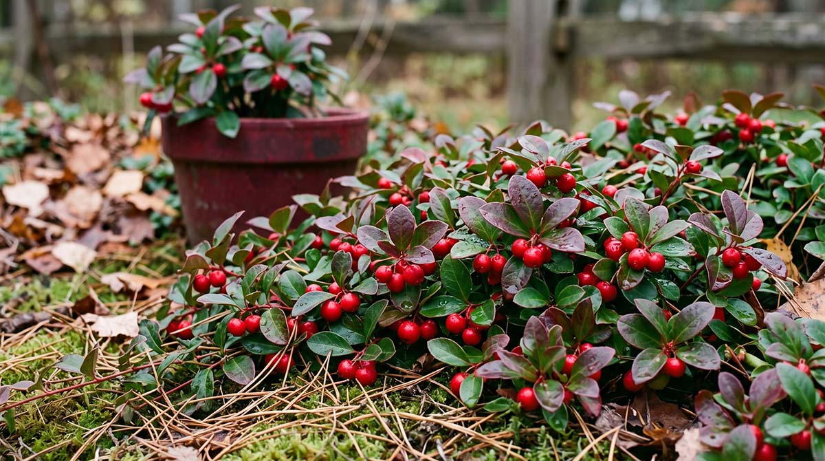 Golteria rozesłana (Gaultheria) - zimozielona krzewinka ozdobna Zbliżenie na owocującą golterię rozesłaną rosnącą w ogrodzie na kwaśnym podłożu ze ściółką z kory, obok glinianej doniczki.