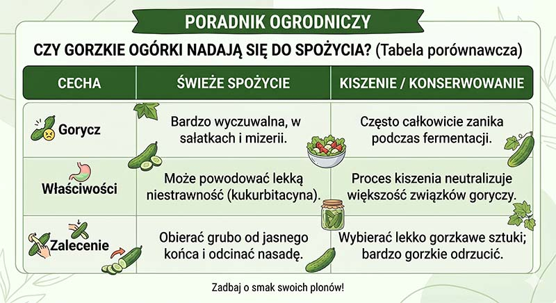 Tabela poradnikowa Poradnik Ogrodniczy: Czy gorzkie ogórki nadają się do spożycia i kiszenia.