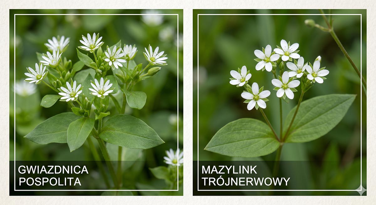 Kolaż botaniczny przedstawiający porównanie: po lewej makro zdjęcie kwitnącej gwiazdnicy pospolitej, po prawej mazylinek trójnerwowy z charakterystycznymi liśćmi.