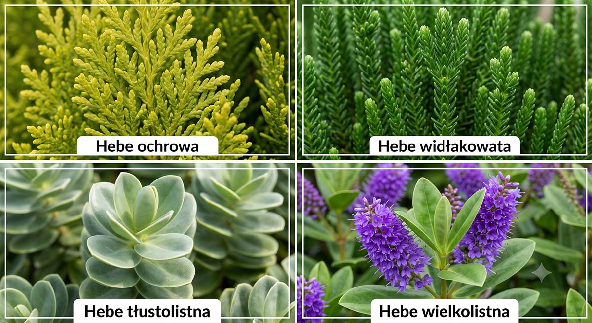 Kolaż podzielony na cztery części przedstawiający odmiany Hebe: ochrową, widłakowatą, tłustolistną oraz wielkolistną z czytelnymi podpisami.