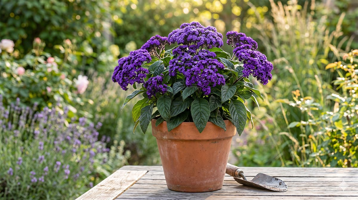 heliotrop peruwianski, niebieskie kwiaty w doniczce