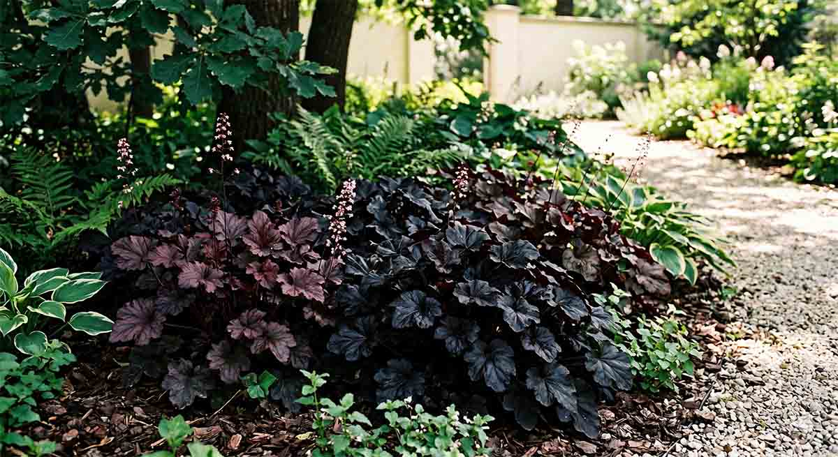Zurawki Heuchera Obsidian i Palace Purple w kompozycji cieniowej