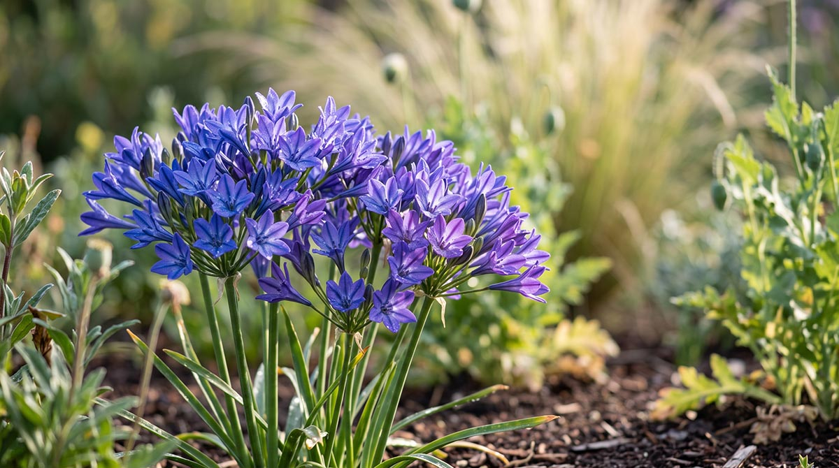 Kwitnący hiacynt kalifornijski (Triteleia laxa) o szafirowych kwiatach rosnący na rabacie ogrodowej
