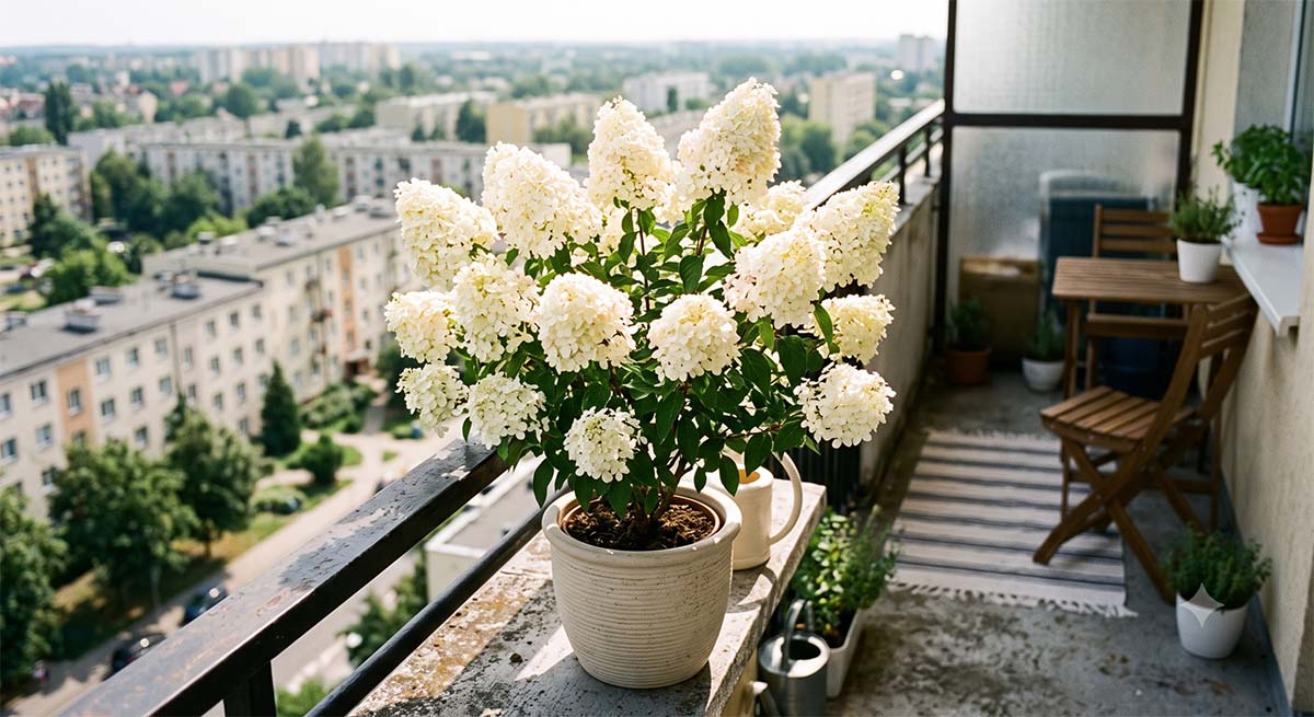 Hortensja bukietowa Bobo idealna na mały balkon Niewielka, biało kwitnąca hortensja bukietowa Bobo w donicy na wąskim balkonie w bloku, w słoneczny dzień.