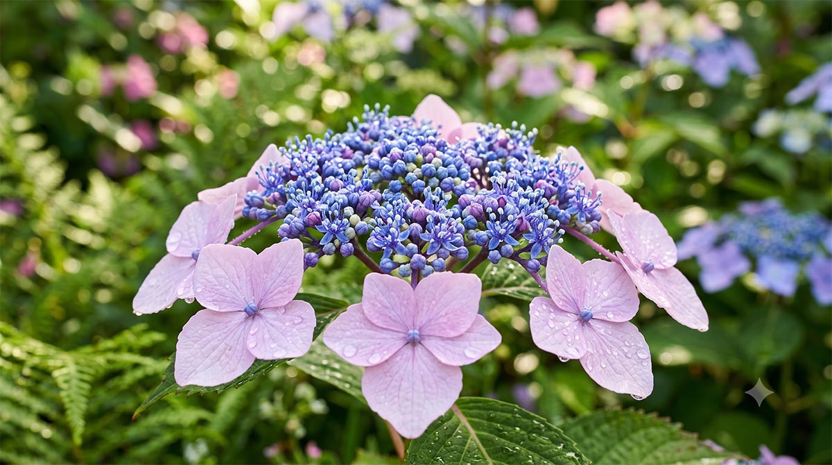 Niebiesko-fioletowe, koronkowe kwiatostany hortensji piłkowanej odmiany Bluebird w kroplach rosy