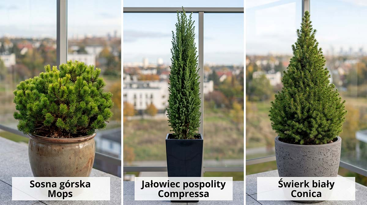 Przegląd iglaków całorocznych do donic: Sosna, Jałowiec, Świerk Porównanie trzech odmian iglaków jako rośliny do donic na taras całoroczne: sosna górska Mops, jałowiec pospolity Compressa oraz świerk biały Conica w ozdobnych donicach.