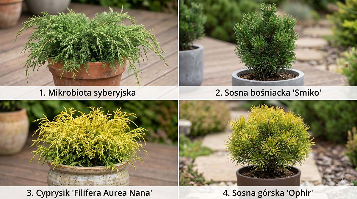 Przegląd iglaków do donic: mikrobiota syberyjska, sosna bośniacka i górska, cyprysik Kolaż czterech zdjęć iglaków w donicach na tarasie: 1. Mikrobiota syberyjska, 2. Sosna bośniacka Smiko, 3. Cyprysik Filifera Aurea Nano, 4. Sosna górska Ophir.