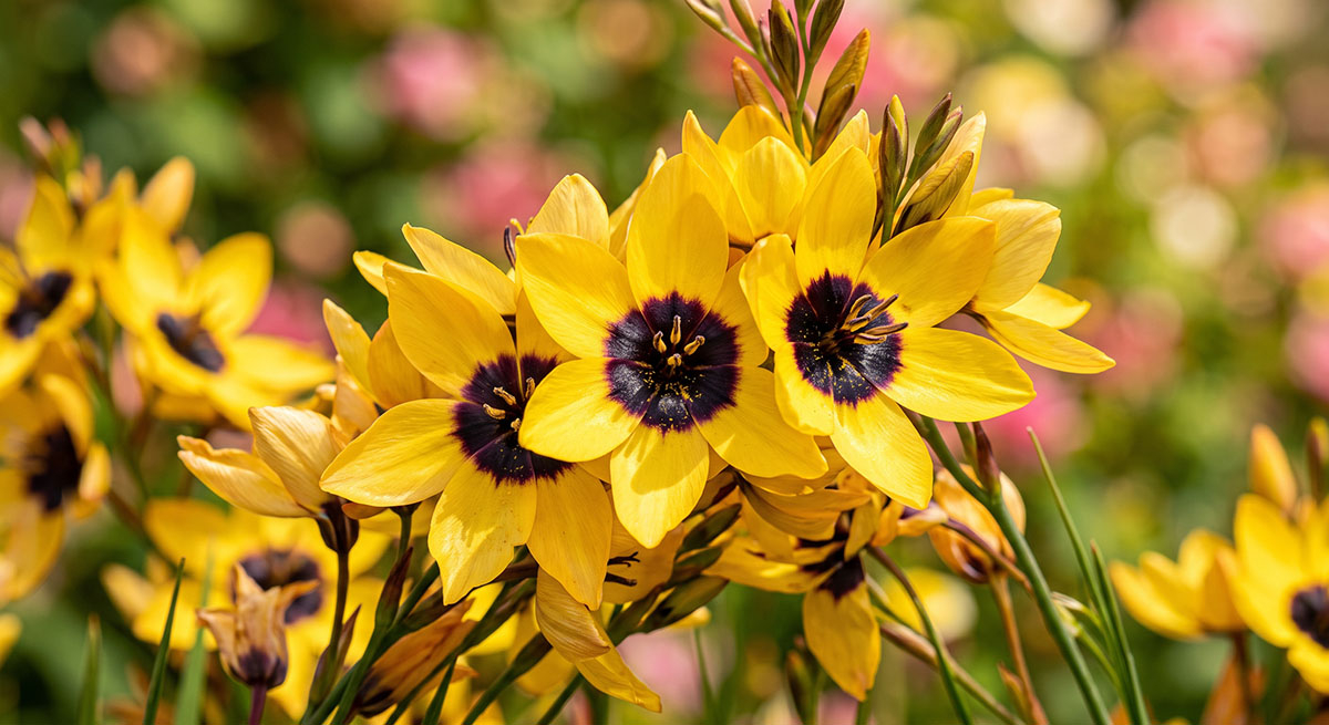 Zbliżenie makro na żółto-pomarańczowe kwiaty iksji plamistej (Ixia maculata) z wyraźnym, ciemnym środkiem w słonecznym ogrodzie.