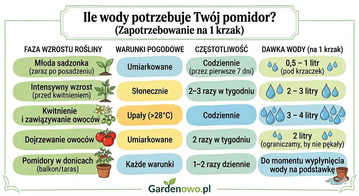 ile wody potrzebuje twój pomidor tabela harmonogram pokazuje fazę wzrostu pomidora , warunki pogodowe, częstotliwość oraz ilość podlewania Gardenowo