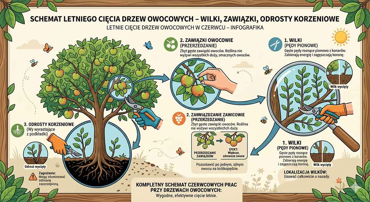 Letnie cięcie drzew owocowych w czerwcu - infografika Schemat letniego cięcia drzew owocowych - wilki, zawiązki, odrosty korzeniowe