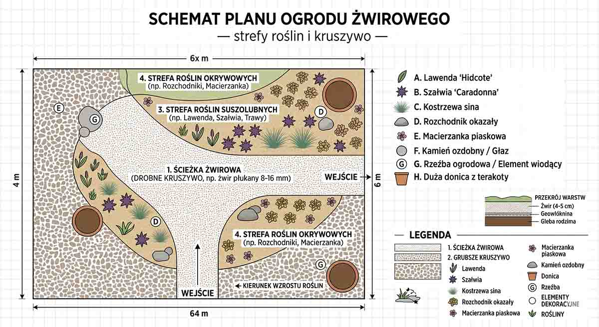 Jak zaplanować ogród żwirowy — infografika krok po kroku Schemat planu ogrodu żwirowego — strefy roślin i kruszywo