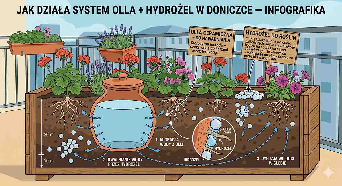 Rośliny balkonowe w upale - jak chronić donice przed przesuszeniem Schemat systemu nawadniania doniczki - olla i hydrożel razem