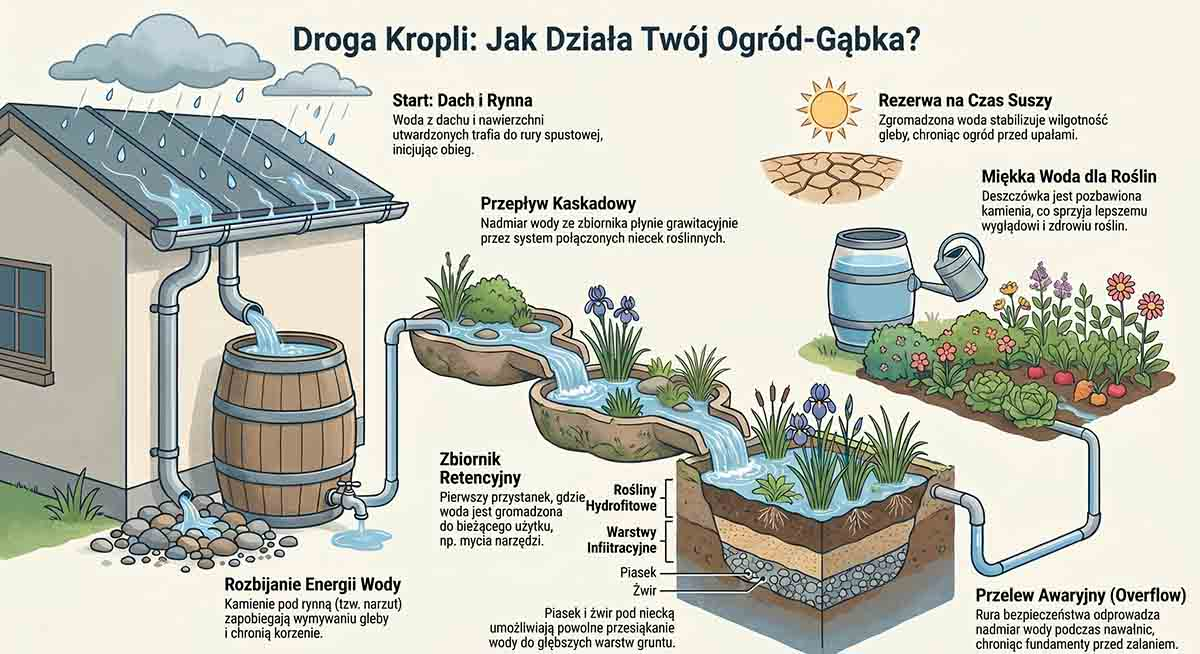 Infografika: Jak działa sponge garden - schemat retencji wody Schemat systemu retencji wody w ogrodzie — niecki, rośliny, deszczówka