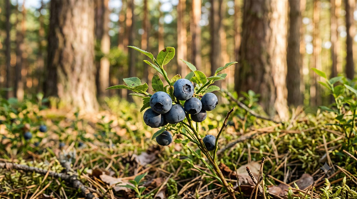 Zbliżenie makro na gałązkę dzikich jagód leśnych z dojrzałymi, ciemnoniebieskimi owocami pokrytymi naturalnym nalotem, rosnących w nasłonecznionym borze sosnowym w Polsce. Dzikie jagody w polskim lesie sosnowym - fotografia makro