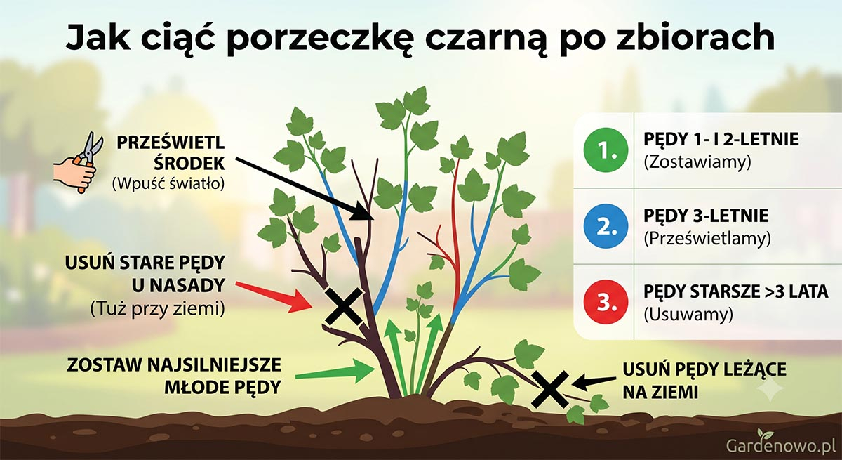 Schemat cięcia czarnej porzeczki - które pędy wyciąć po zbiorach? Infografika Gardenowo: Jak ciąć czarną porzeczkę po zbiorach – schemat krzewu w języku polskim z oznaczeniem wieku pędów i miejsc cięcia.