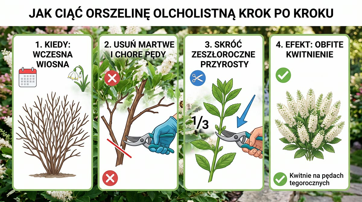 Schemat cięcia orszeliny olcholistnej dla początkujących Infografika pokazująca w 4 krokach jak i kiedy przycinać orszelinę olcholistną wiosną, aby obficie kwitła.