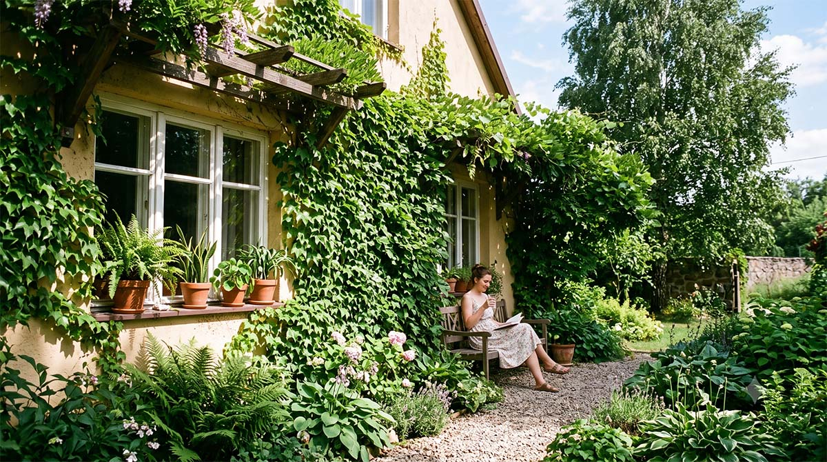 Rosny doniczkowe jako naturalna klimatyzacja w salonie Dom porośnięty gęstym zielonym bluszczem i pnączami z kobietą odpoczywającą na ławce w cieniu w upalny letni dzień, ilustrujący naturalną klimatyzację.