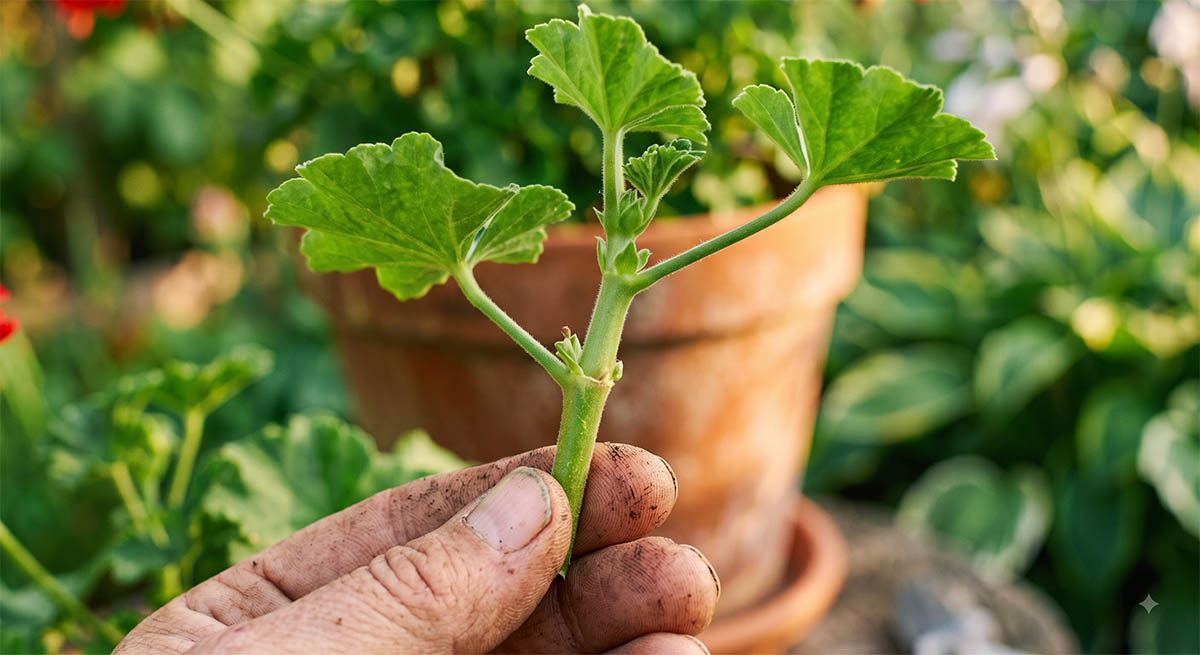 Prawidłowo ucięta sadzonka pelargonii z widocznym cięciem tuż pod węzłem i usuniętymi dolnymi liśćmi.