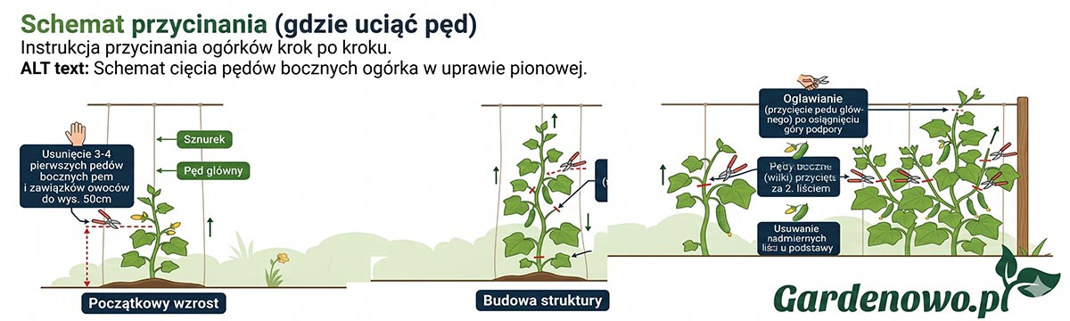 Schemat cięcia pędów bocznych ogórka w uprawie pionowej.