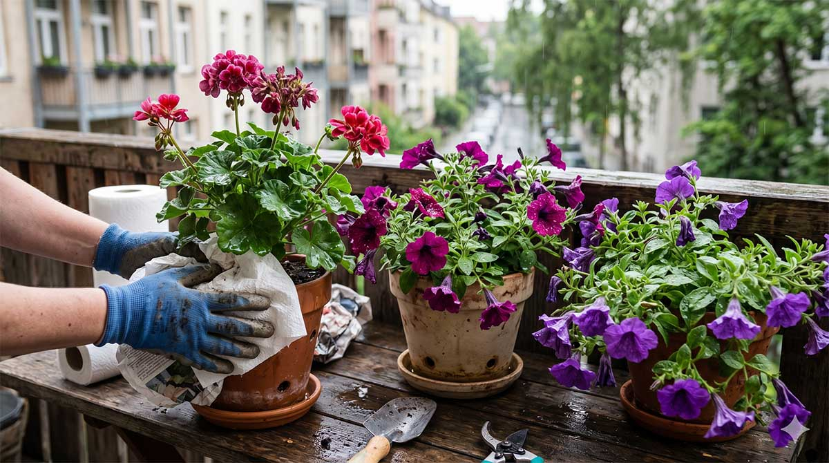 Ratowanie przelanych kwiatów balkonowych - pelargonie i supertunie w deszczu