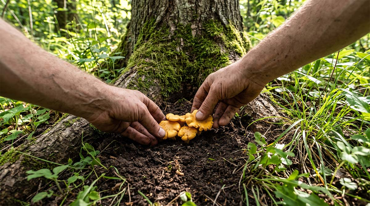 Aplikacja przygotowanych kurek pod korzenie drzewa w ogrodzie Dłonie ogrodnika układające świeże kapelusze kurek pod pniem świerka.